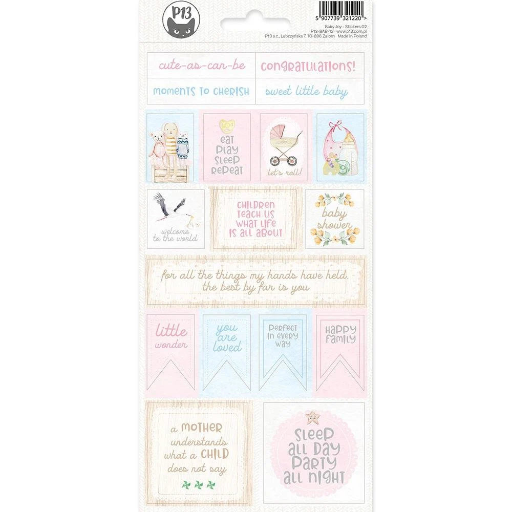 Decorative stickers with baby-themed designs and text.
