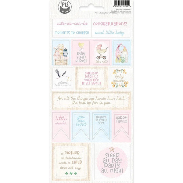 Decorative stickers with baby-themed designs and text.