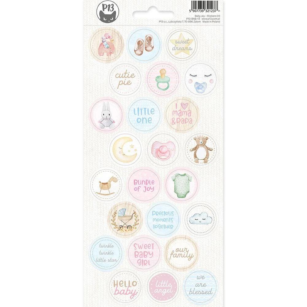 Pack of baby-themed stickers with various designs on a white background