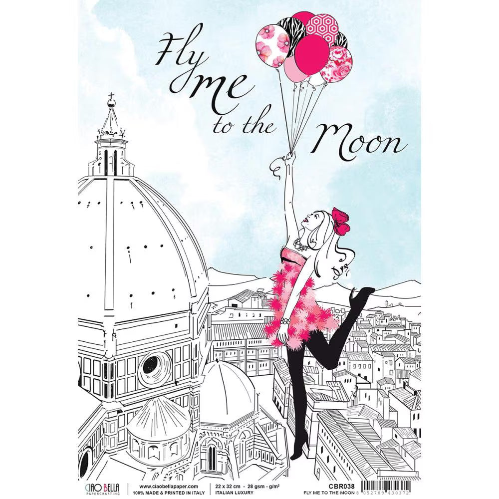 Ciao Bella Decoupage Italian Luxury FLY ME To The MOON Rice Paper A4 Mixed Media #CBR038