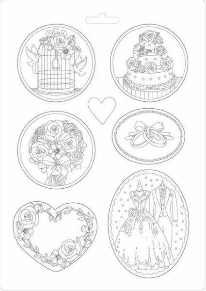 Set of coloring pages with wedding-themed designs on a white background.