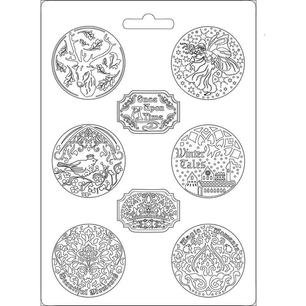 Set of decorative moulds with fairy tale-themed designs on a white background