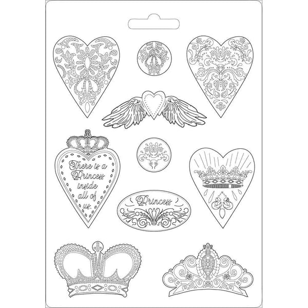 Stamperia Soft Mould A4 PRINCESS HEARTS and CROWNS Cold Pour Mixed Media #K3PTA471