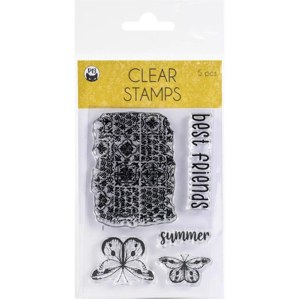 Clear stamps set with decorative designs and text on a white background