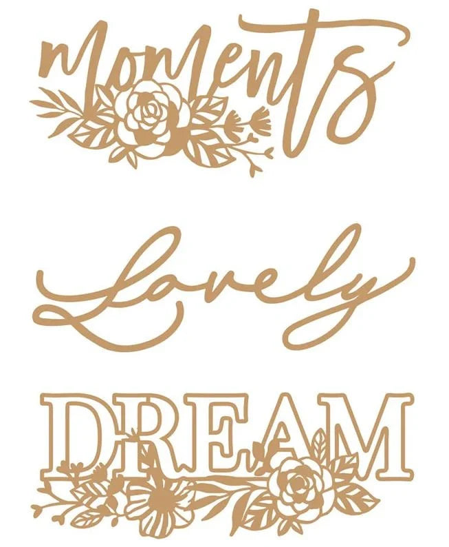 Decorative chipboard with floral elements on a white background