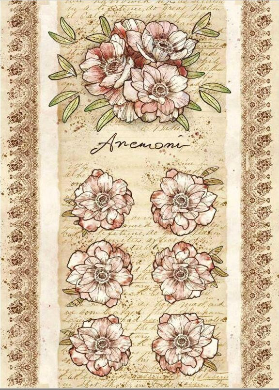 Decorative paper with floral designs and the word 'Anemone' on a textured background.