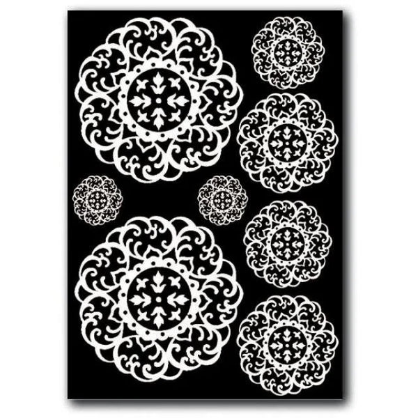 White floral patterns on a black background