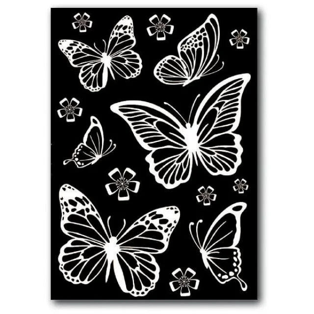 White butterflies and flowers on a black background