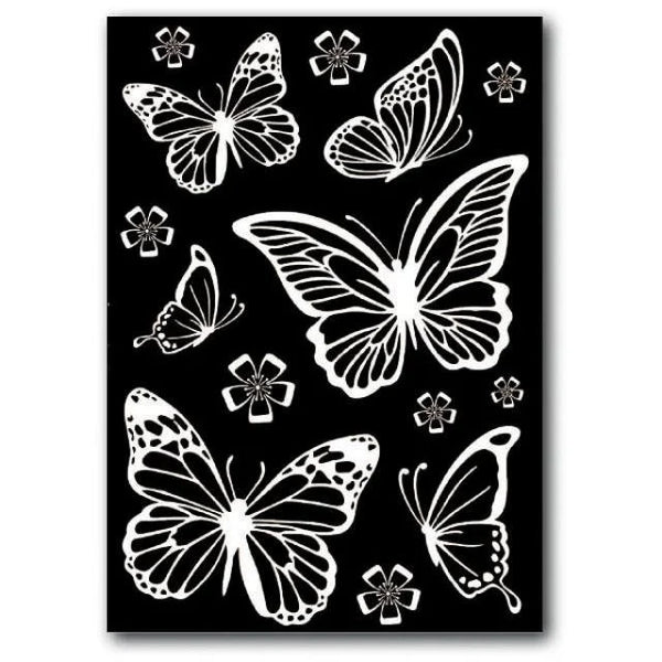 White butterflies and flowers on a black background