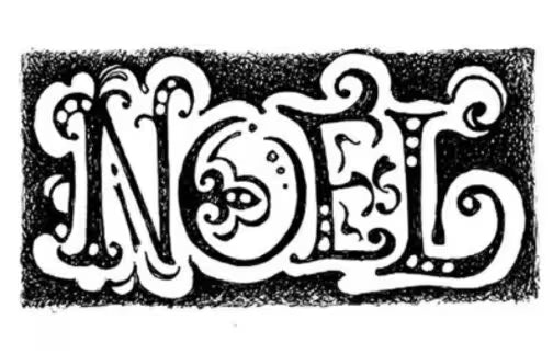 Decorative text 'NOEL' in an ornate style on a black background