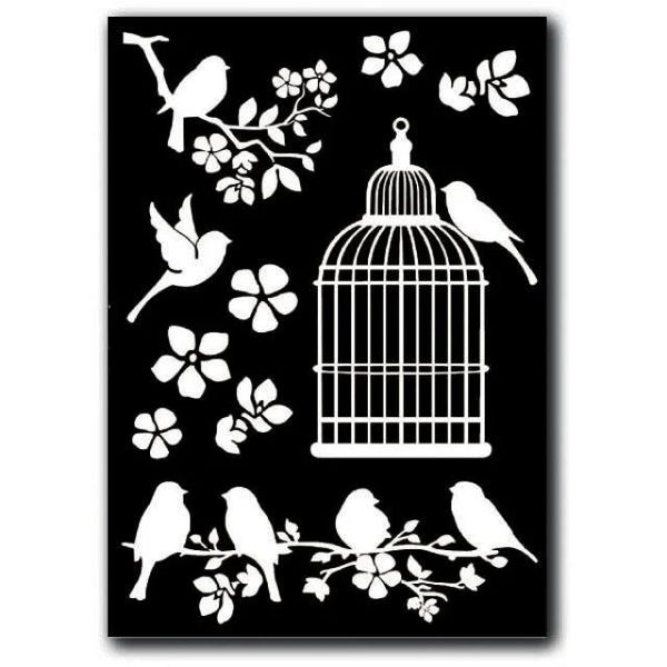 Decorative design with birds, flowers, and a birdcage on a black background