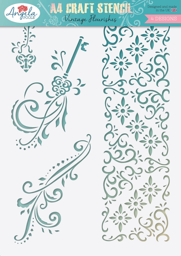 Angela Poole A4 Craft Stencil VINTAGE FLOURISHES 8" x 11.5" #APVFST02