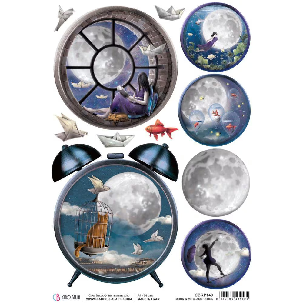 Ciao Bella Moon & Me ALARM CLOCK Rice Paper A4 Mixed Media #CBRP140