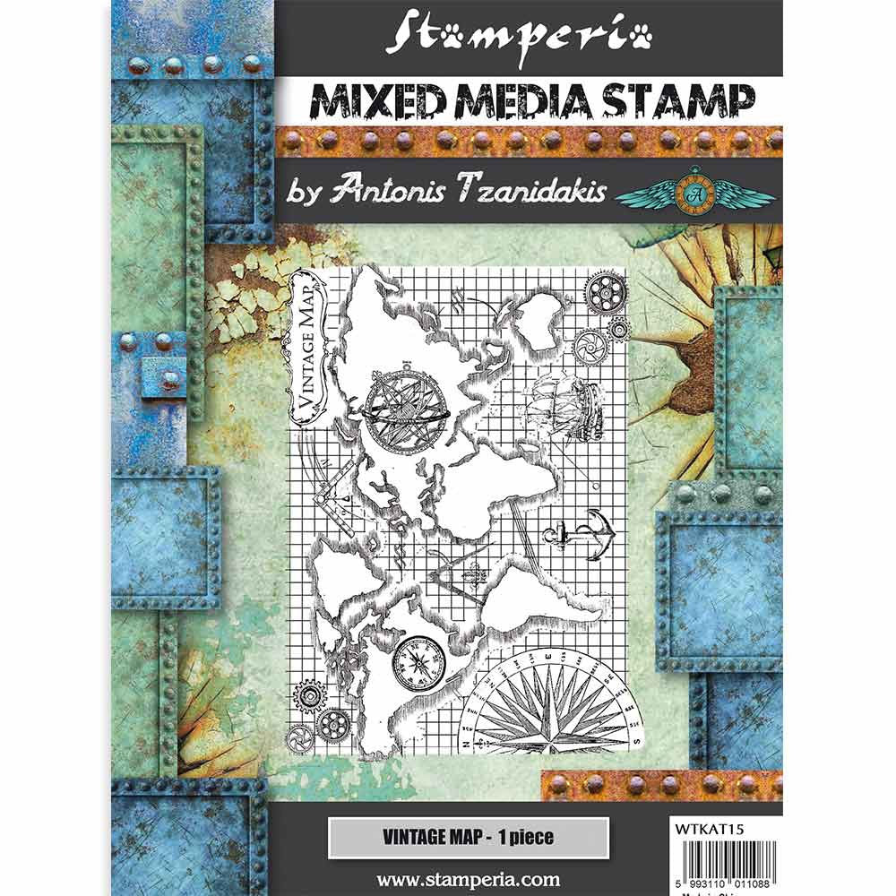 Stamperia mixed media stamp with vintage map design on a decorative background