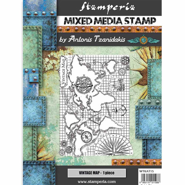 Stamperia mixed media stamp with vintage map design on a decorative background