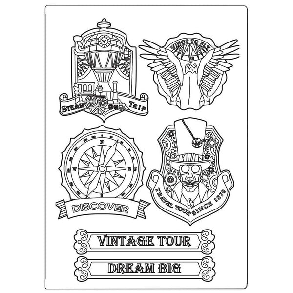 Set of vintage-themed design elements including a steam train, compass, and face with text on a white background.