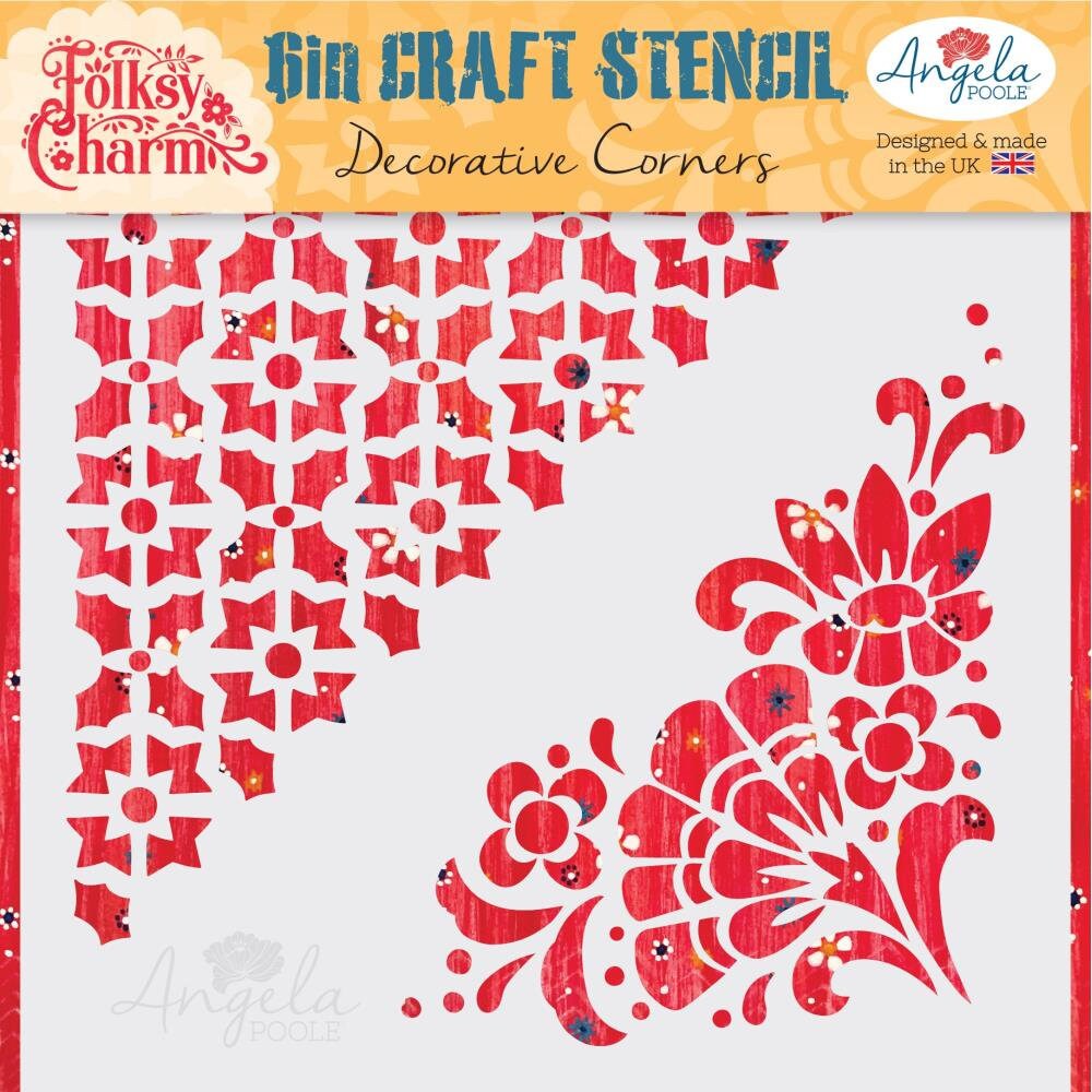 Angela Poole Folksy Charm DECORATIVE CORNERS 6in Craft Stencil #APDCST08