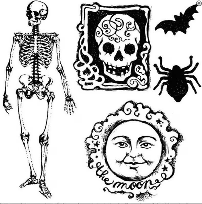 stamps including a skeleton, skull with decorative frame, spider, and moon face design.