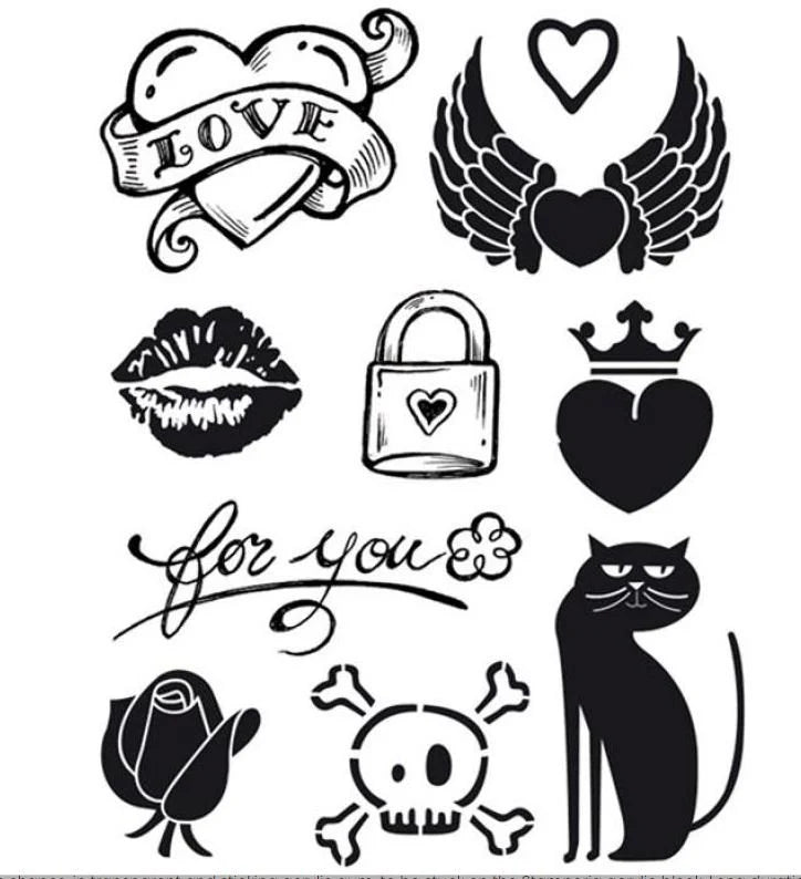 Collection of black tattoo stamp designs on a white background