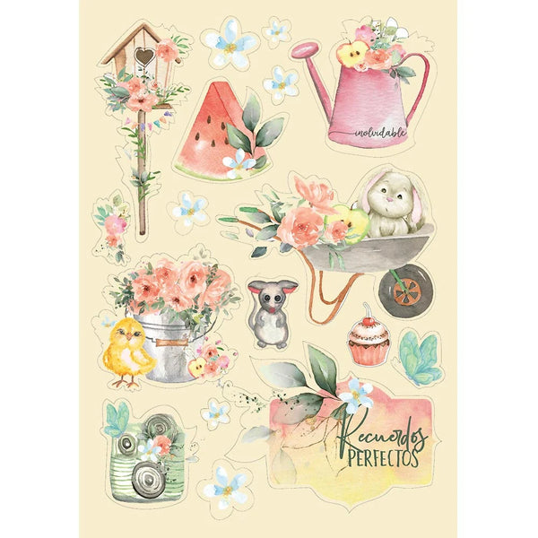 Collection of decorative wooden shapes with flowers, animals, and objects on a beige background