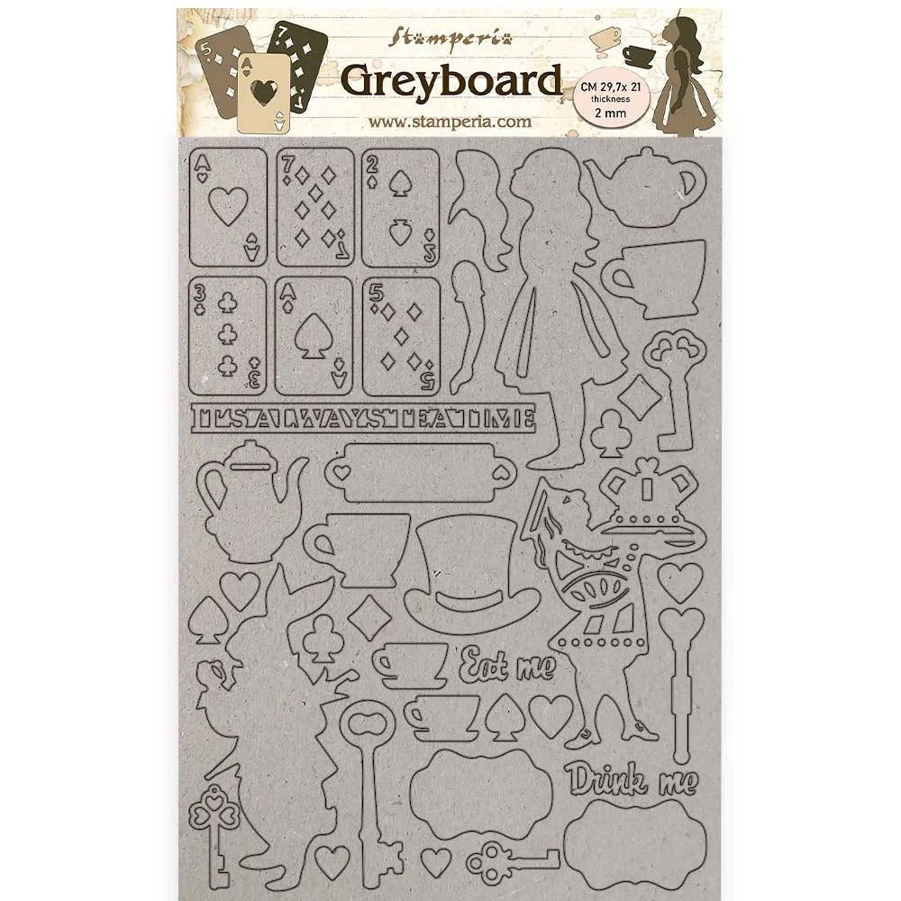 Collection of die-cut shapes with Alice in Wonderland theme on greyboard by Stamperia.