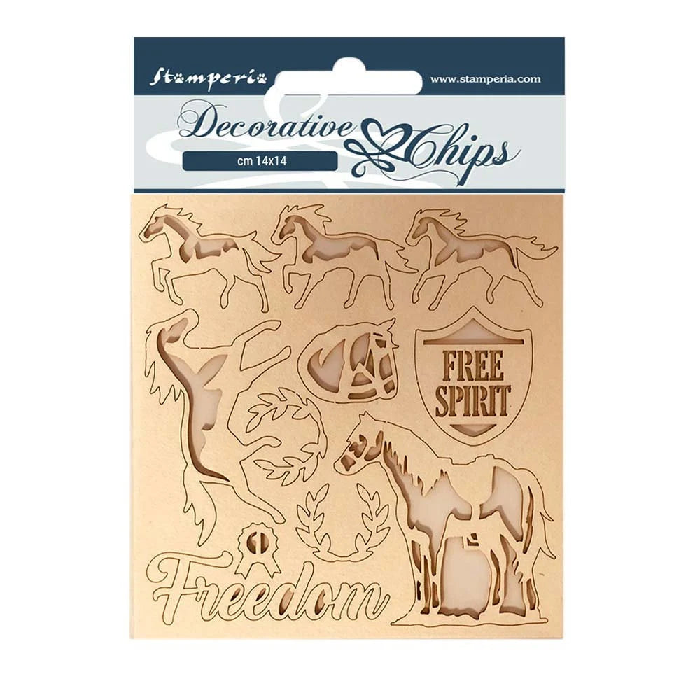 Packaging of Stamperia decorative chips with horse designs and 'Free Spirit' text.