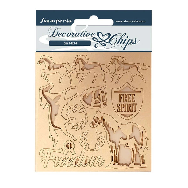 Packaging of Stamperia decorative chips with horse designs and 'Free Spirit' text.