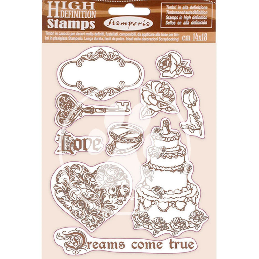 Set of clear stamps with decorative designs on a beige cardstock packaging.