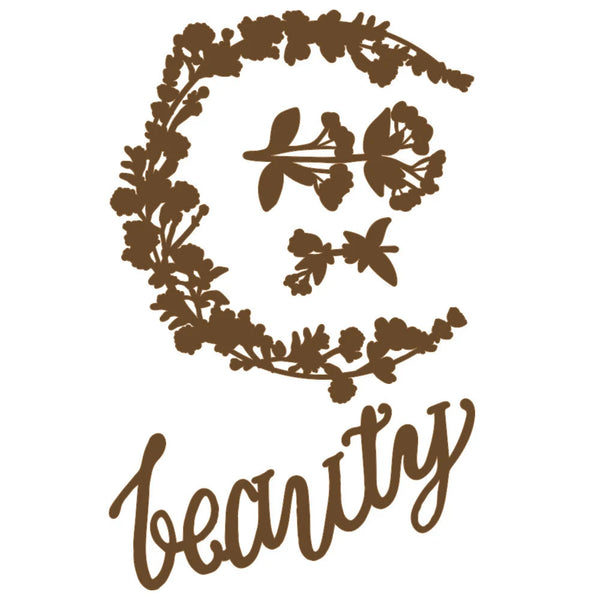 Decorative design with floral wreath and the word 'beauty' in brown on a white background
