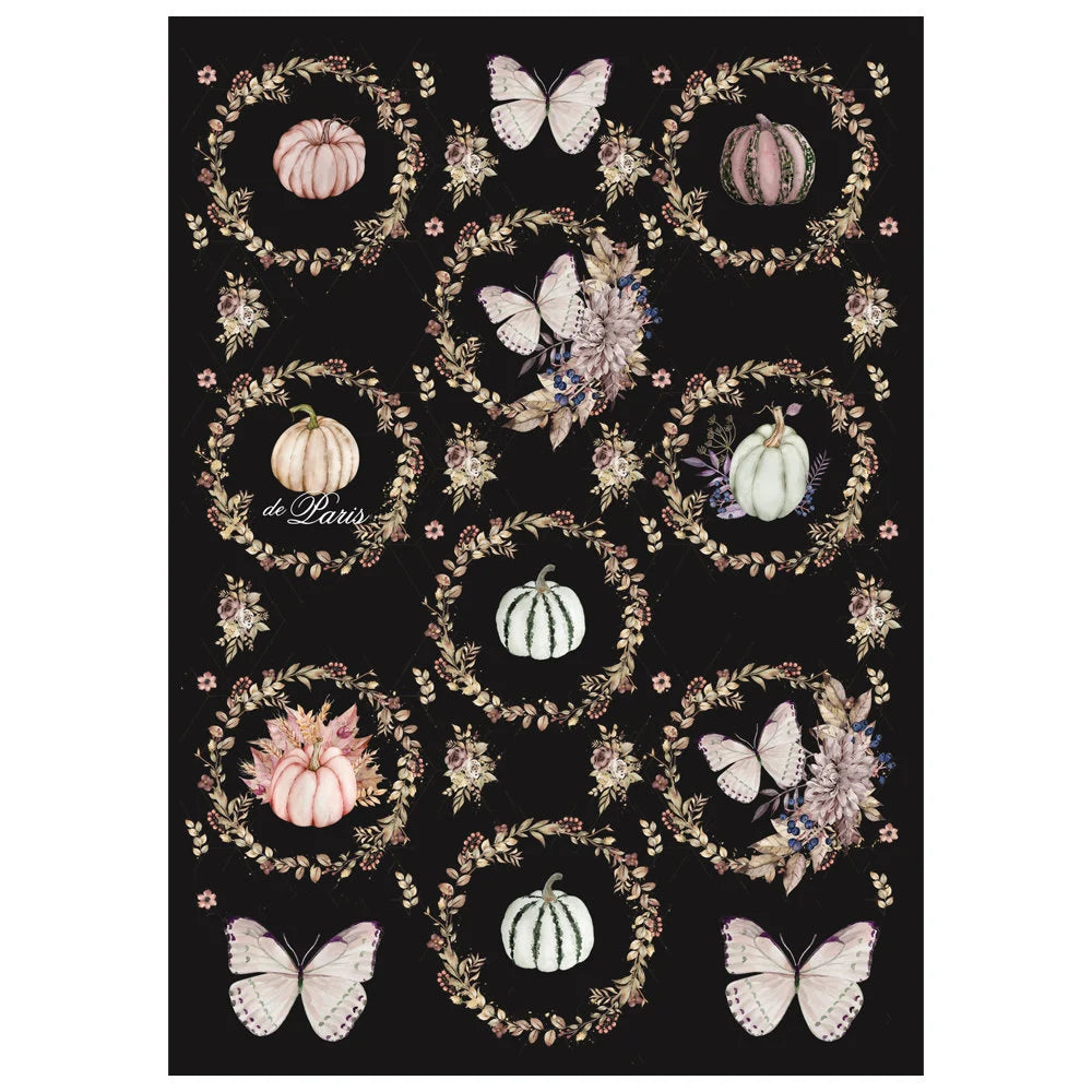 Decorative mat with pumpkins, butterflies, and floral wreaths on a black background