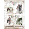 Decorative panel with vintage-style illustrations of horses and people, featuring text and floral elements.