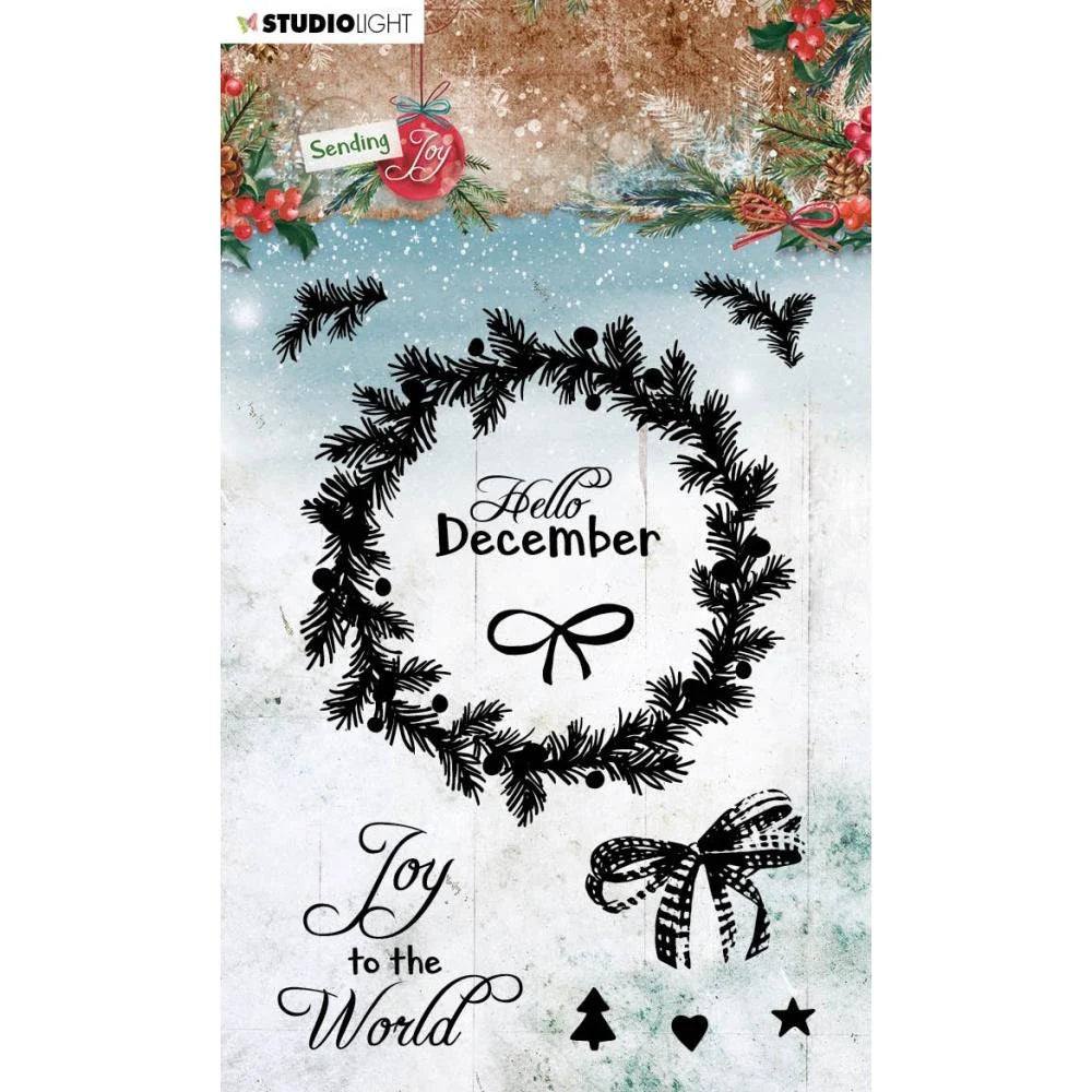 Decorative stamps depicting Christmas wreath, bow, and text on a textured background