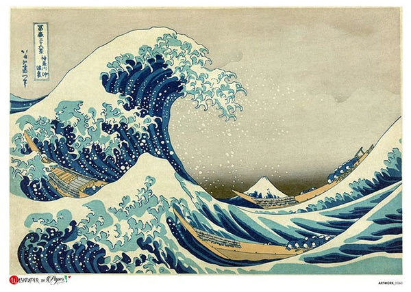 Artistic depiction of a wave with a ship, inspired by traditional Japanese woodblock prints.