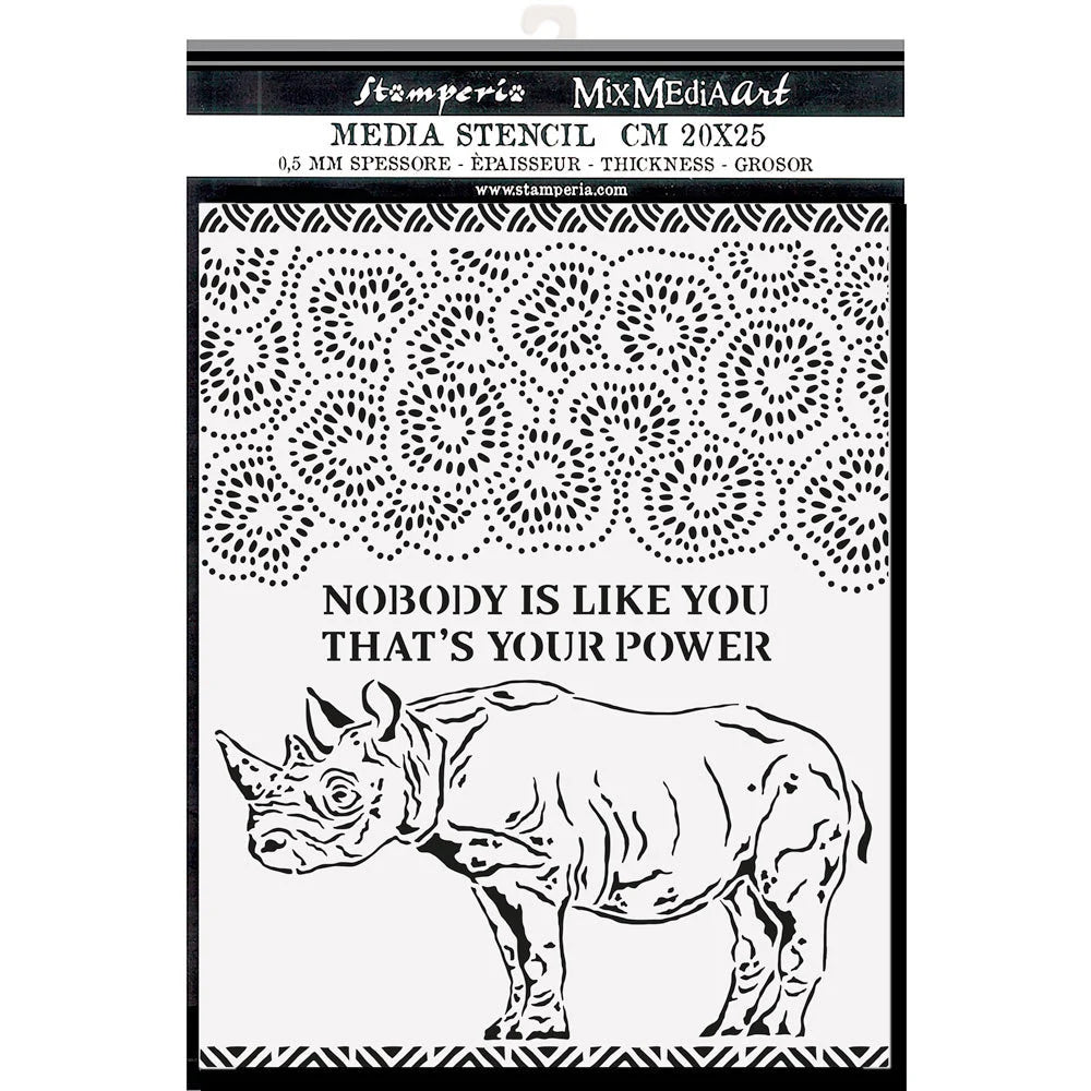 Stamperia Mix Media Art SAVANA RHINO Stencil 20x25 cm #KSTD103