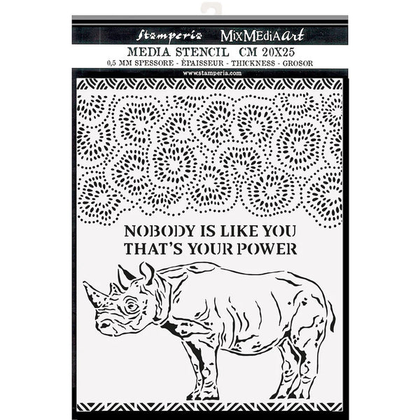 Stamperia Mix Media Art SAVANA RHINO Stencil 20x25 cm #KSTD103