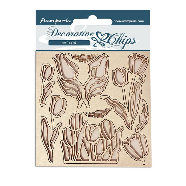 Decorative tulip-shaped wooden chips with packaging from Stamperia on a white background