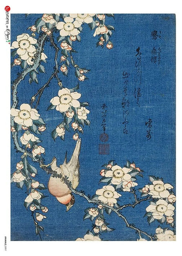 Traditional Japanese artwork of a bird perched on a flowering branch against a blue background