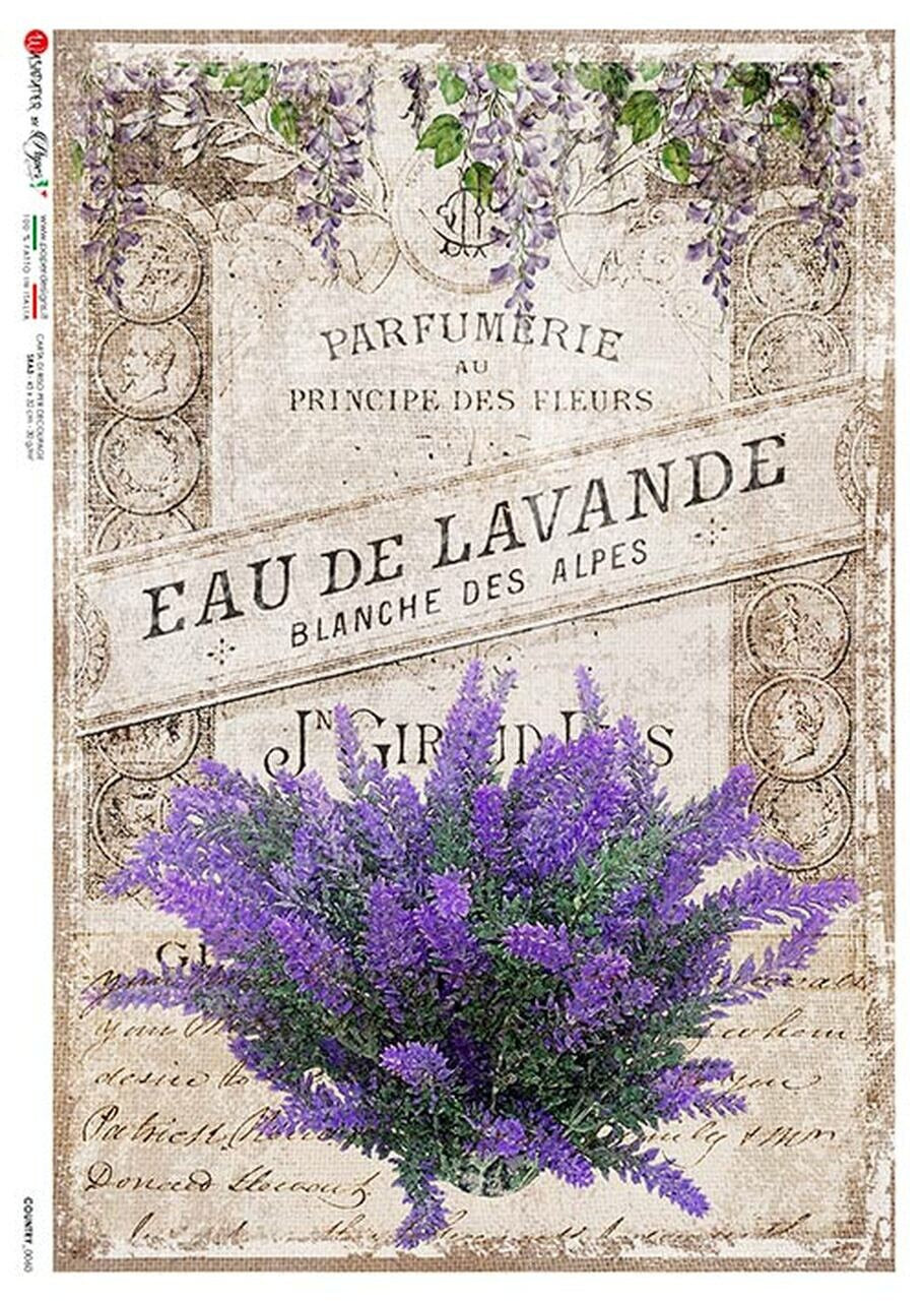 Vintage-style advertisement for Eau de Lavande with lavender flowers and French text.