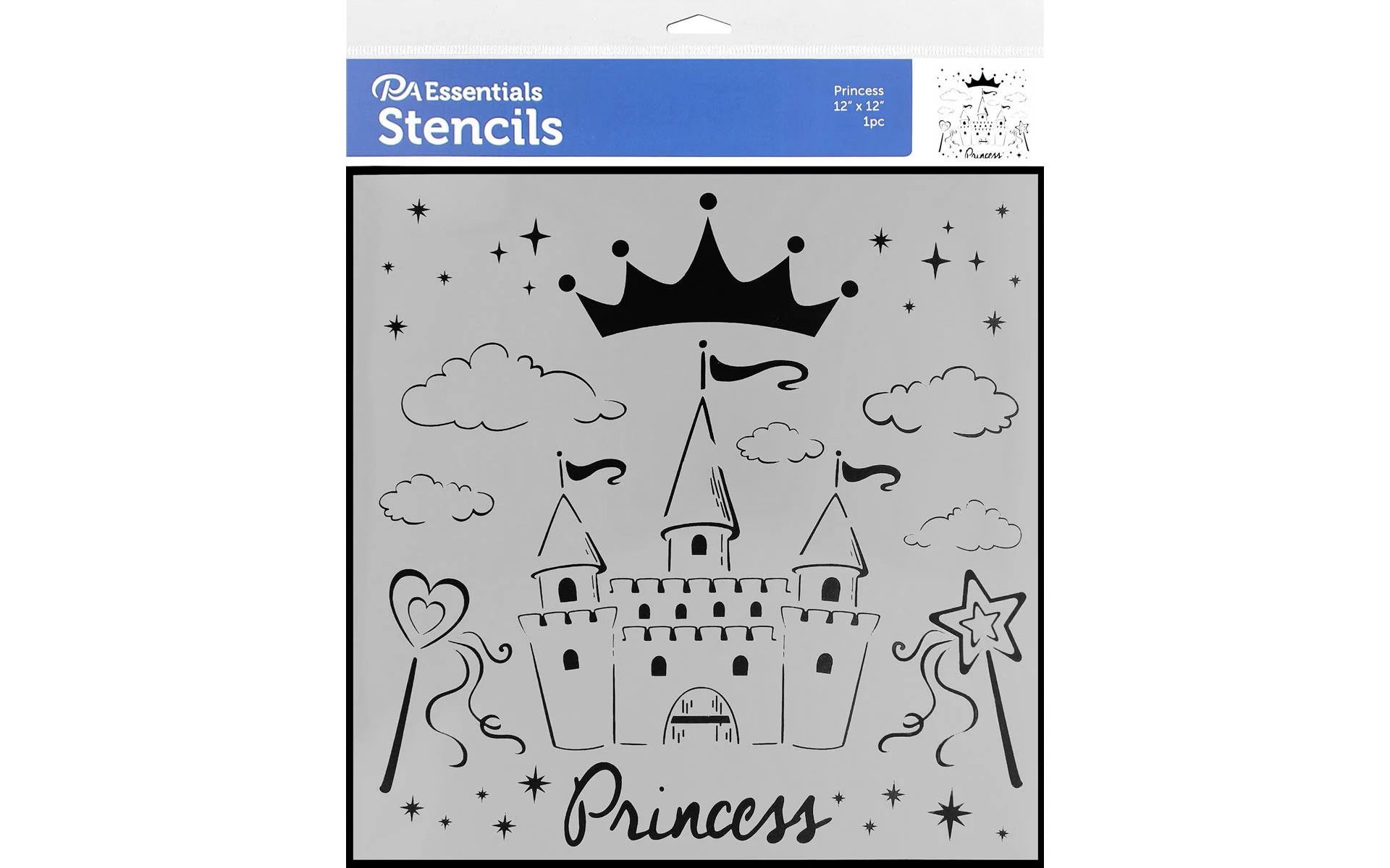 Princess-themed stencil with castle, crown, and wand design on a white background.