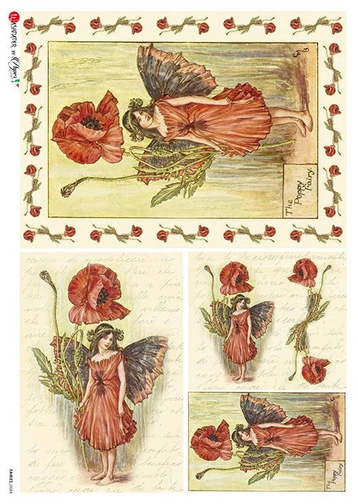 Set of fairy illustrations with poppies on a decorative border.
