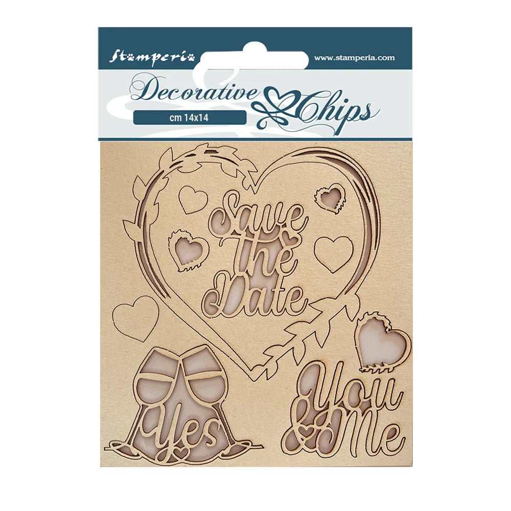 Decorative chip with 'Save the Date' and 'Yes, I Do' text on a white background