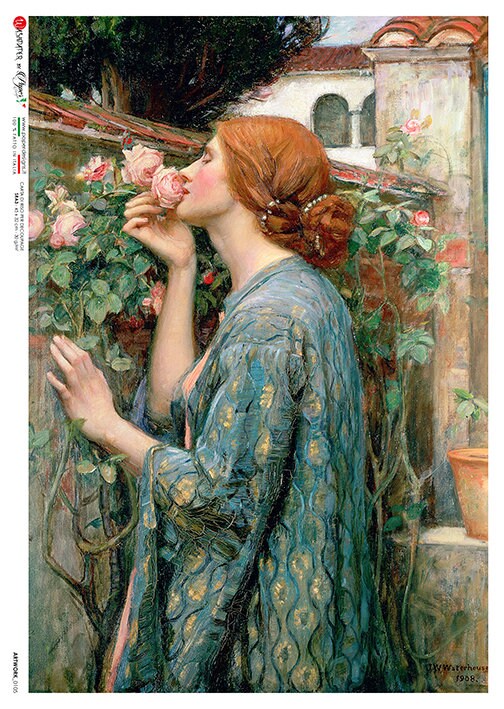 Woman in a blue dress smelling roses in an outdoor setting