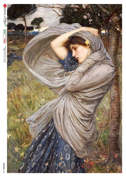 Artistic depiction of a woman with flowing hair and draped fabric in a natural setting