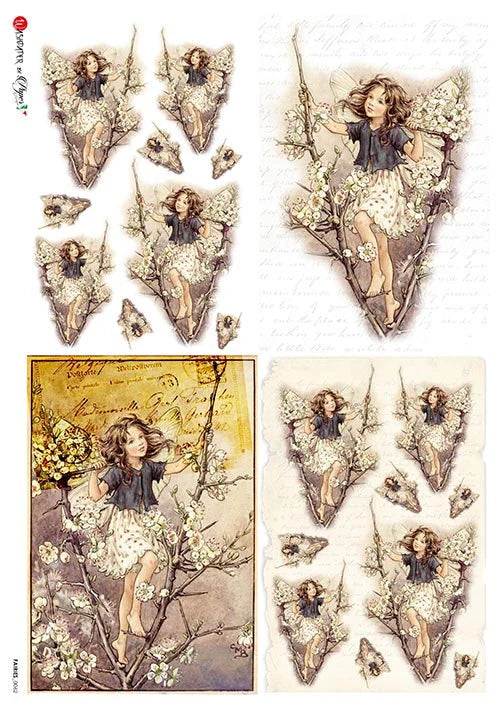 Sheet of decoupage paper with a fairy design on a white background
