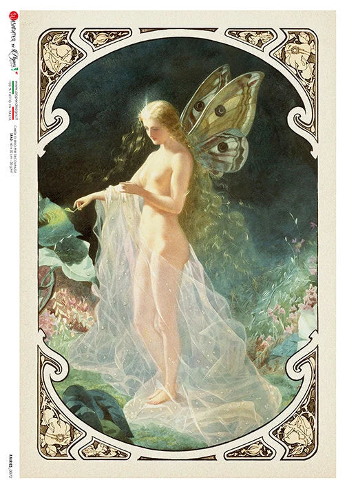 Artistic depiction of a nude figure with butterfly wings in a decorative frame