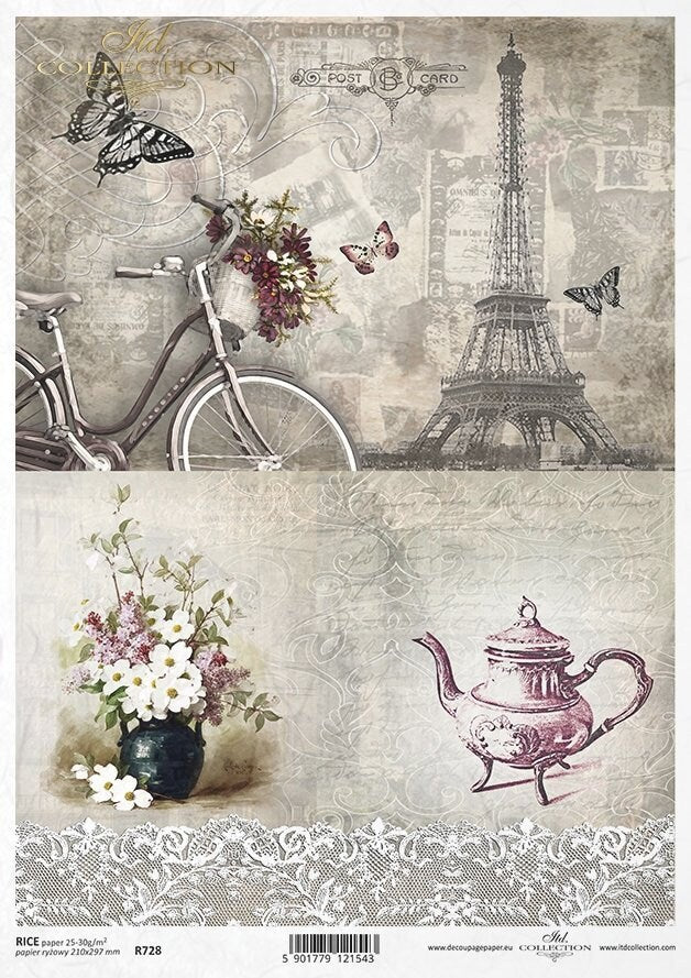 Vintage-themed paper with bicycle, Eiffel Tower, flowers, and teapot on a textured background.