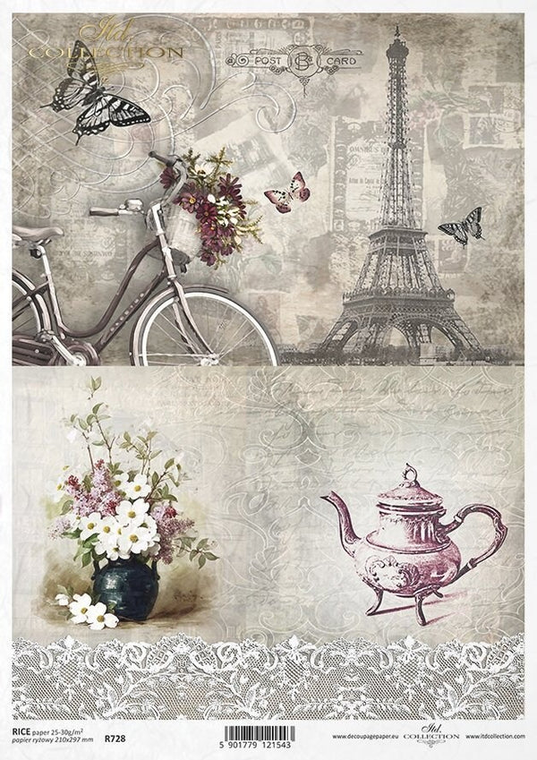 Vintage-themed paper with bicycle, Eiffel Tower, flowers, and teapot on a textured background.