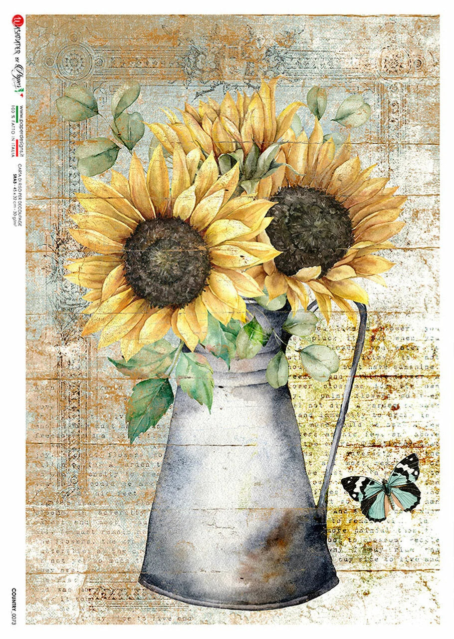 Paper Designs SUNFLOWER in a VASE A4 Decoupage Rice Paper COUNTRY0073