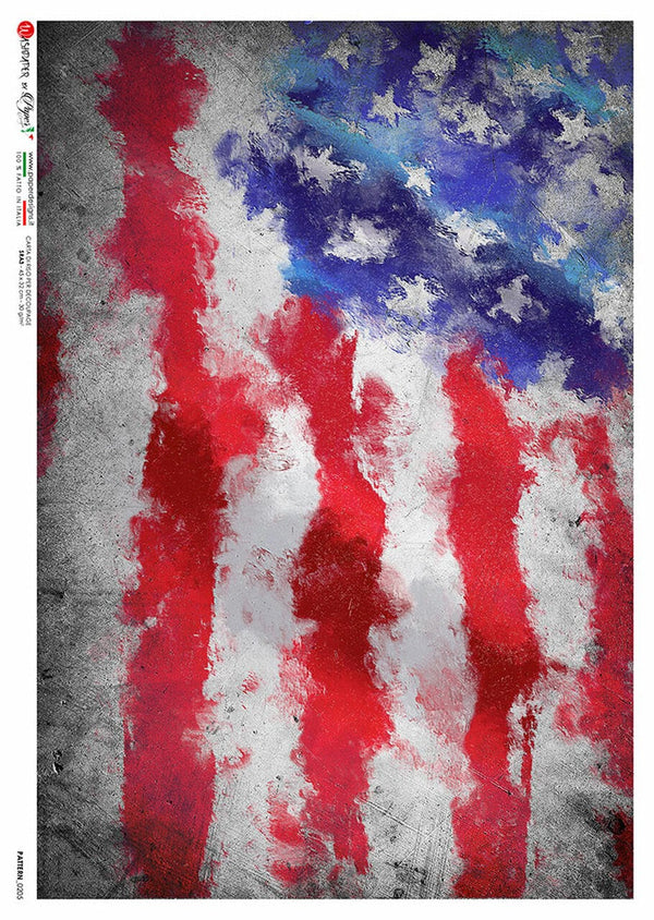 Abstract art of an American flag with red, white, and blue colors on a textured background.