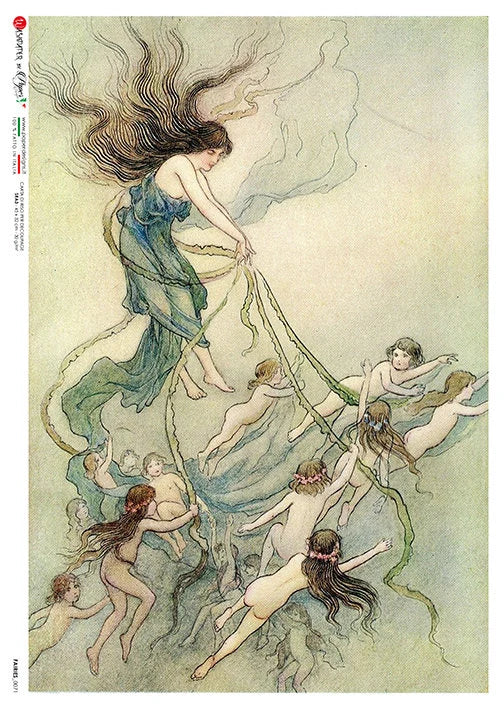 Artistic depiction of a woman with flowing hair and multiple smaller figures intertwined with ribbons.